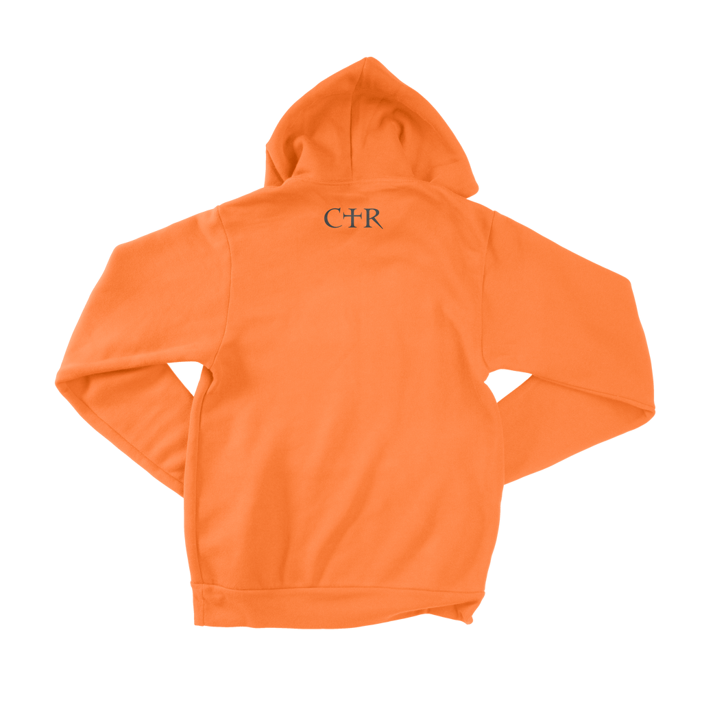 Back of orange Glow On 'Em Hoodie is crafted with Glow in the Dark embroidery thread for a unique look. This unisex hoodie is constructed from durable fabric with ribbed cuffs and a waistband for improved fit and style, featuring side seam construction, a white cord drawstring, and kangaroo pockets  The signature CTR logo is on the back collar in 3D Puff. 