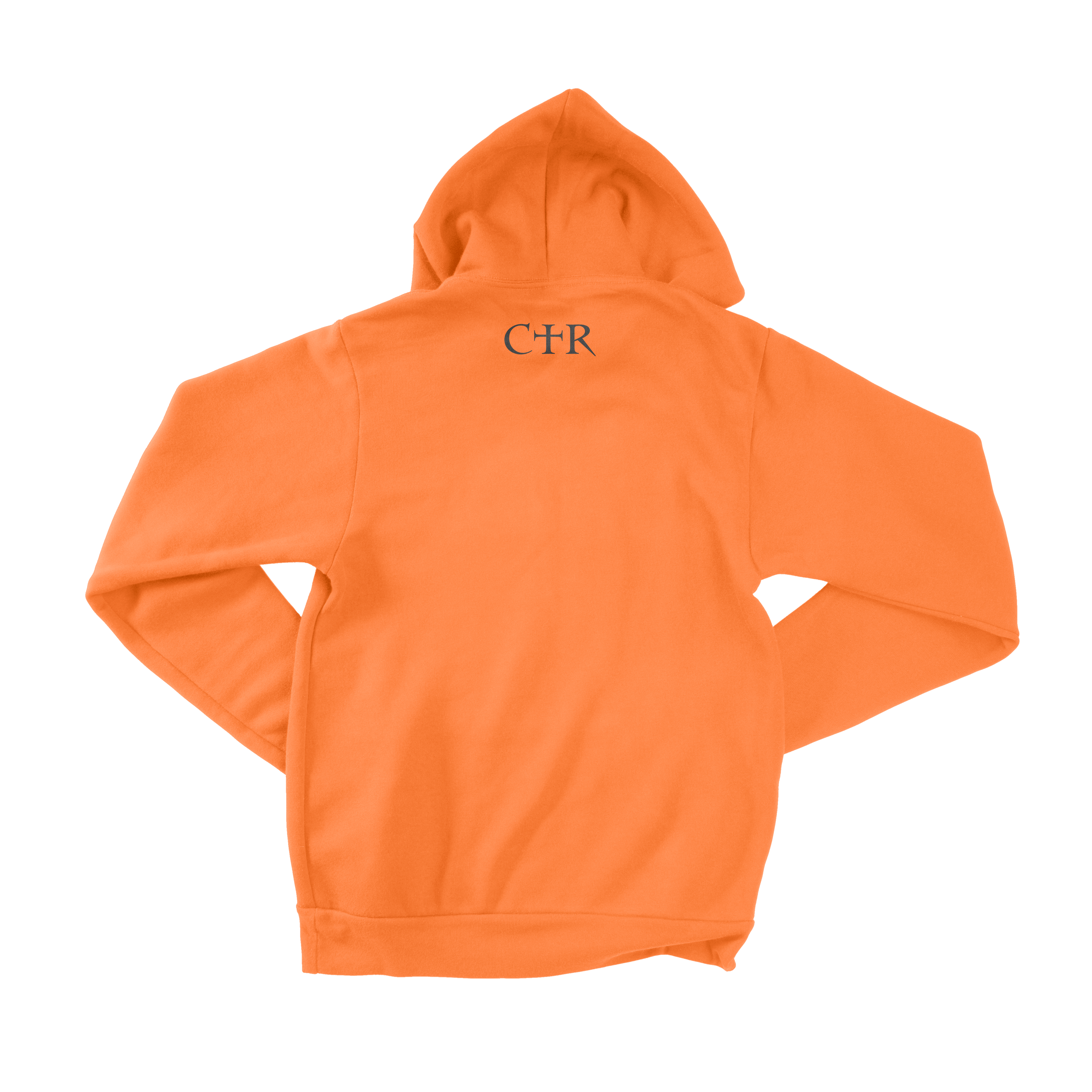 Back of orange Glow On 'Em Hoodie is crafted with Glow in the Dark embroidery thread for a unique look. This unisex hoodie is constructed from durable fabric with ribbed cuffs and a waistband for improved fit and style, featuring side seam construction, a white cord drawstring, and kangaroo pockets  The signature CTR logo is on the back collar in 3D Puff. 