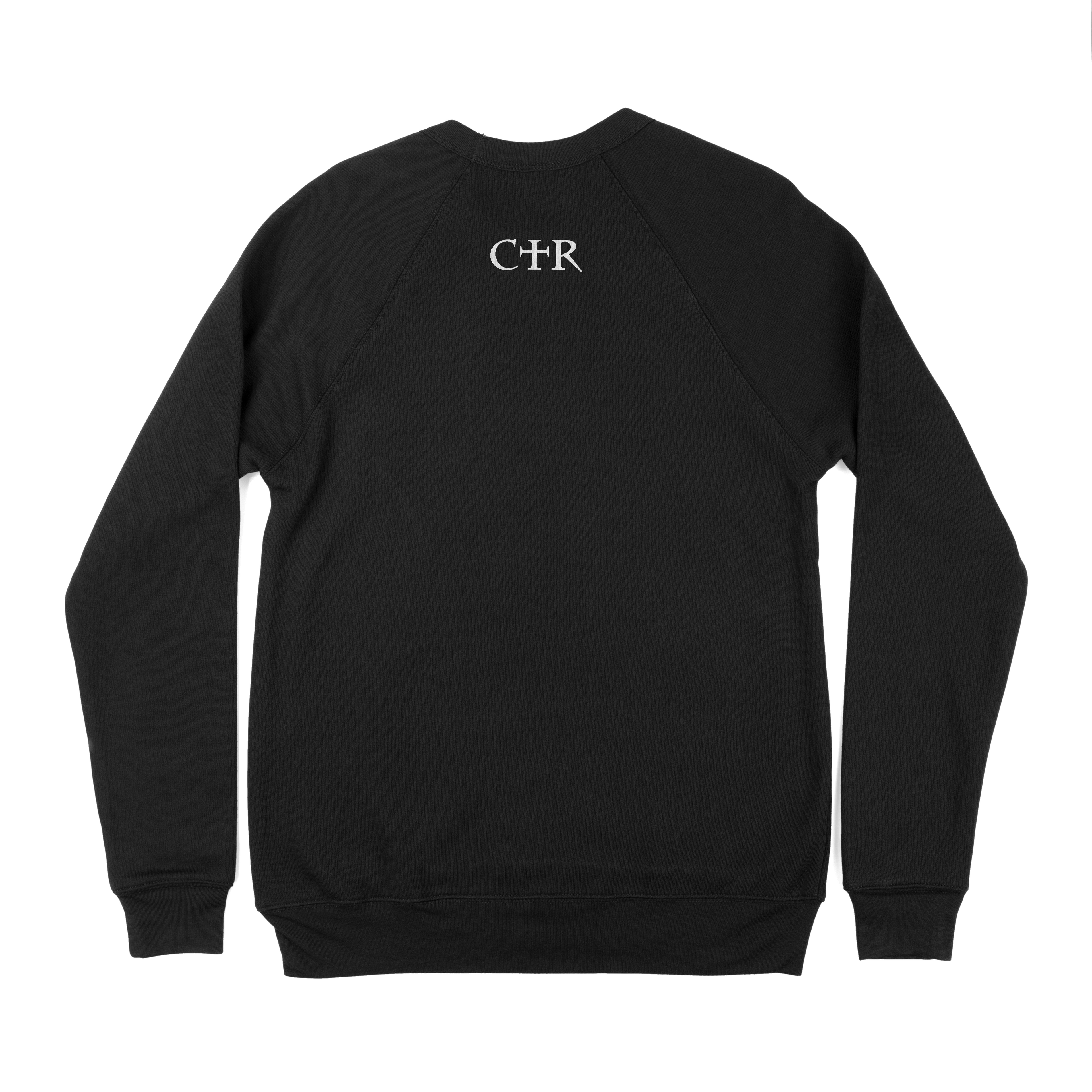 Back of Black Glow On 'Em Sweatshirt with Glow in the Dark Embroidery Thread, Unisex Sizing, Ribbed Cuffs, and 3D Puff CTR Logo on Back Collar for a Unique and Comfortable Look.