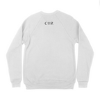 Back of White Glow On 'Em Sweatshirt with Glow in the Dark Embroidery Thread, Unisex Sizing, Ribbed Cuffs, and 3D Puff CTR Logo on Back Collar for a Unique and Comfortable Look.