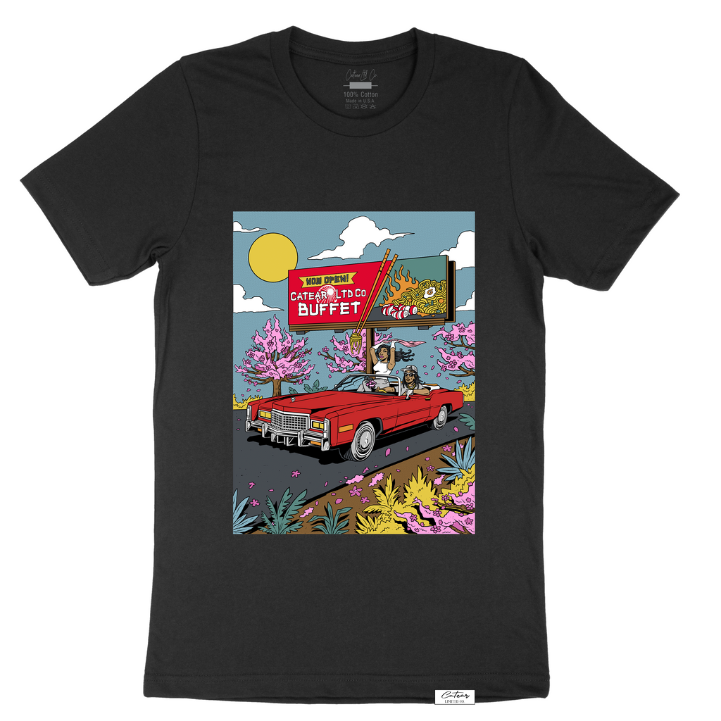 Unisex black color tee with hand-drawn design screen printed on the front, woven label on the bottom left 100% Cotton. Relaxed fit & great soft feel.