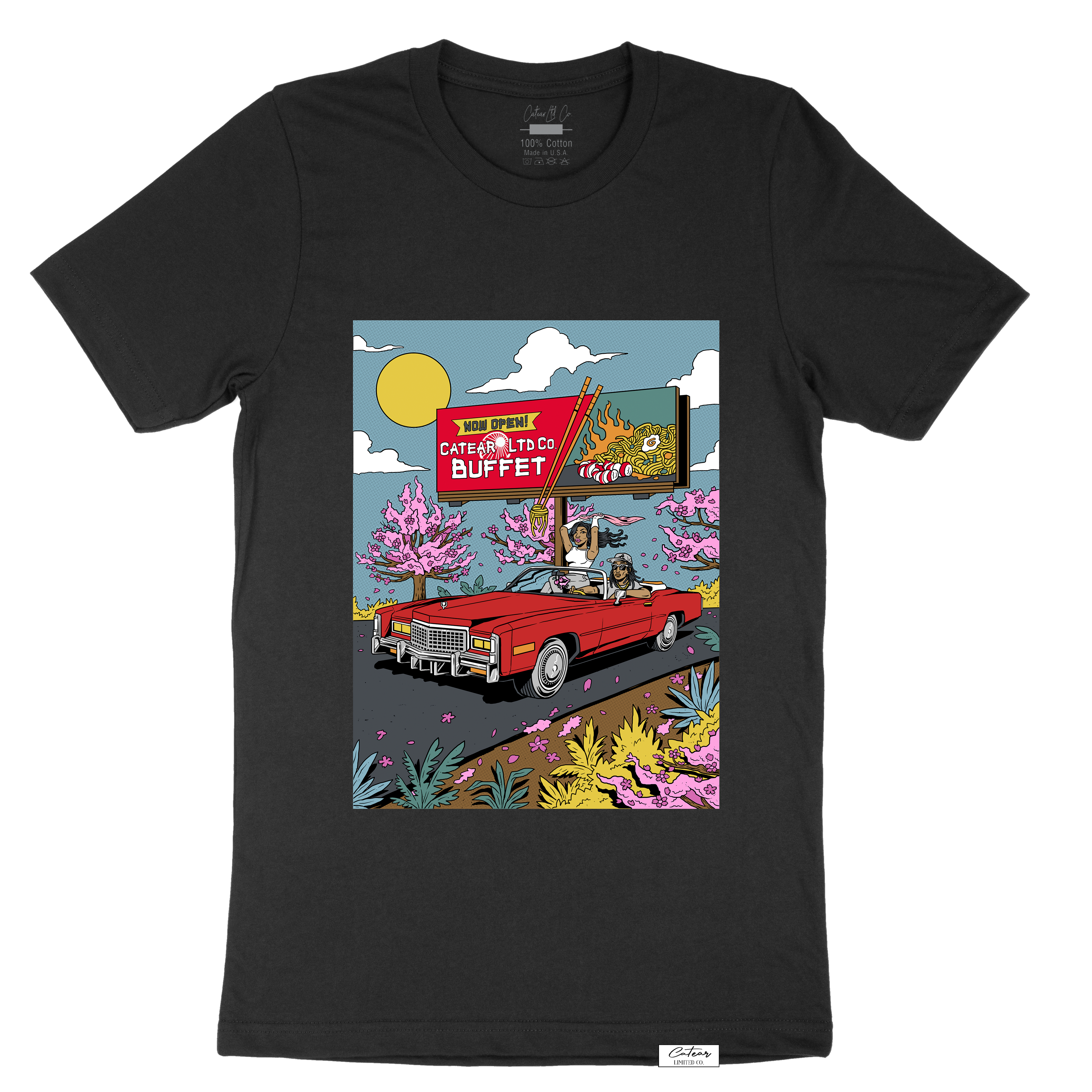 Unisex black color tee with hand-drawn design screen printed on the front, woven label on the bottom left 100% Cotton. Relaxed fit & great soft feel.