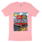 Unisex pink color tee with hand-drawn design screen printed on the front, woven label on the bottom left 100% Cotton. Relaxed fit & great soft feel.