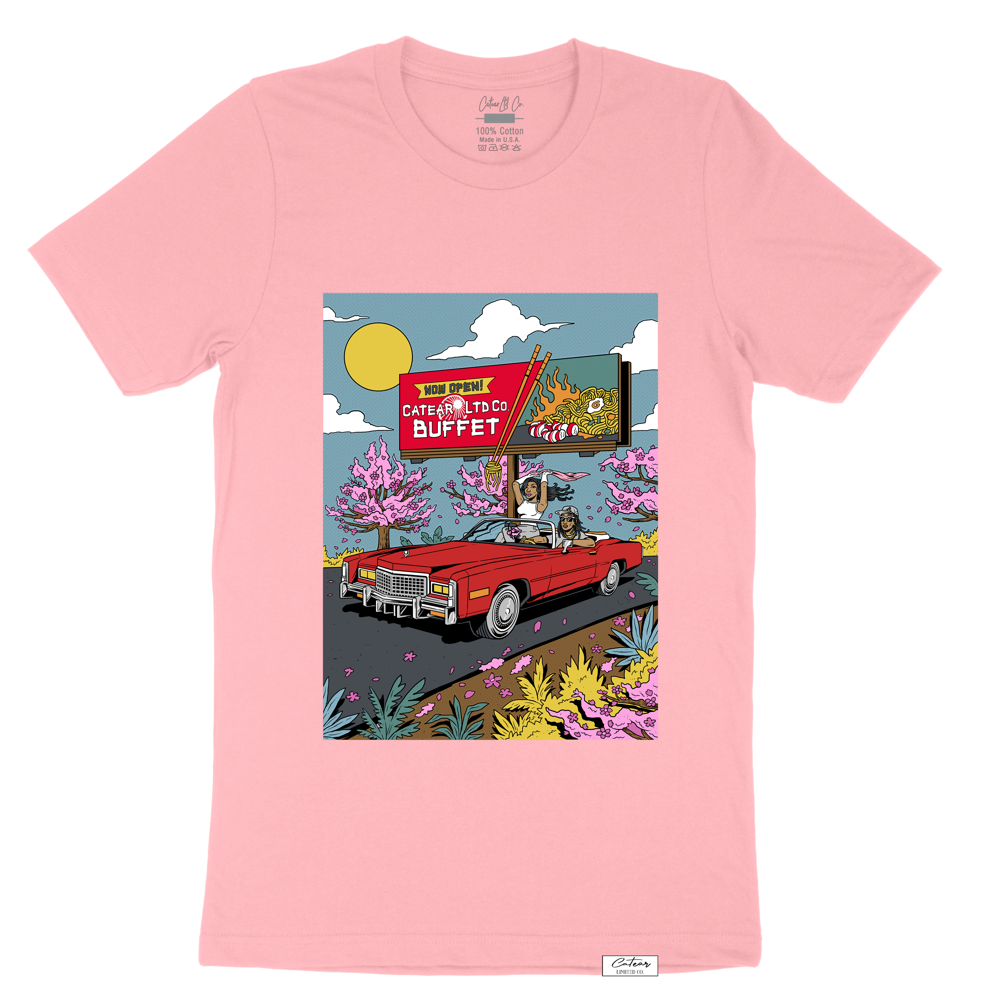 Unisex pink color tee with hand-drawn design screen printed on the front, woven label on the bottom left 100% Cotton. Relaxed fit & great soft feel.