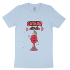 Unisex Baby Blue color tee with hand-drawn cherry mascot screen printed on the front, woven label on bottom left 100% Cotton. Relaxed fit & great feel.