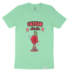 Unisex Mint color tee with hand-drawn cherry mascot screen printed on the front, woven label on bottom left 100% Cotton. Relaxed fit & great feel.