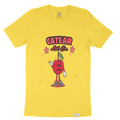 Unisex yellow color tee with hand-drawn cherry mascot screen printed on the front, woven label on bottom left 100% Cotton. Relaxed fit & great feel.