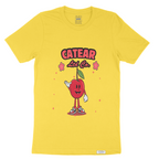 Unisex yellow color tee with hand-drawn cherry mascot screen printed on the front, woven label on bottom left 100% Cotton. Relaxed fit & great feel.