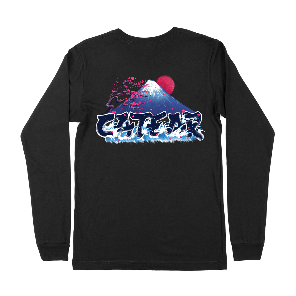 Unisex black color tee with sakura tree & mount fuji behind CATEAR brand name screen printed on front left chest and back, woven label on bottom left. Relaxed fit. Back View