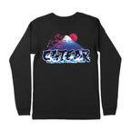 Unisex black color tee with sakura tree & mount fuji behind CATEAR brand name screen printed on front left chest and back, woven label on bottom left. Relaxed fit. Back View