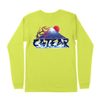 Unisex strobe color tee with sakura tree & mount fuji behind CATEAR brand name screen printed on front left chest and back, woven label on bottom left. Relaxed fit. Back View