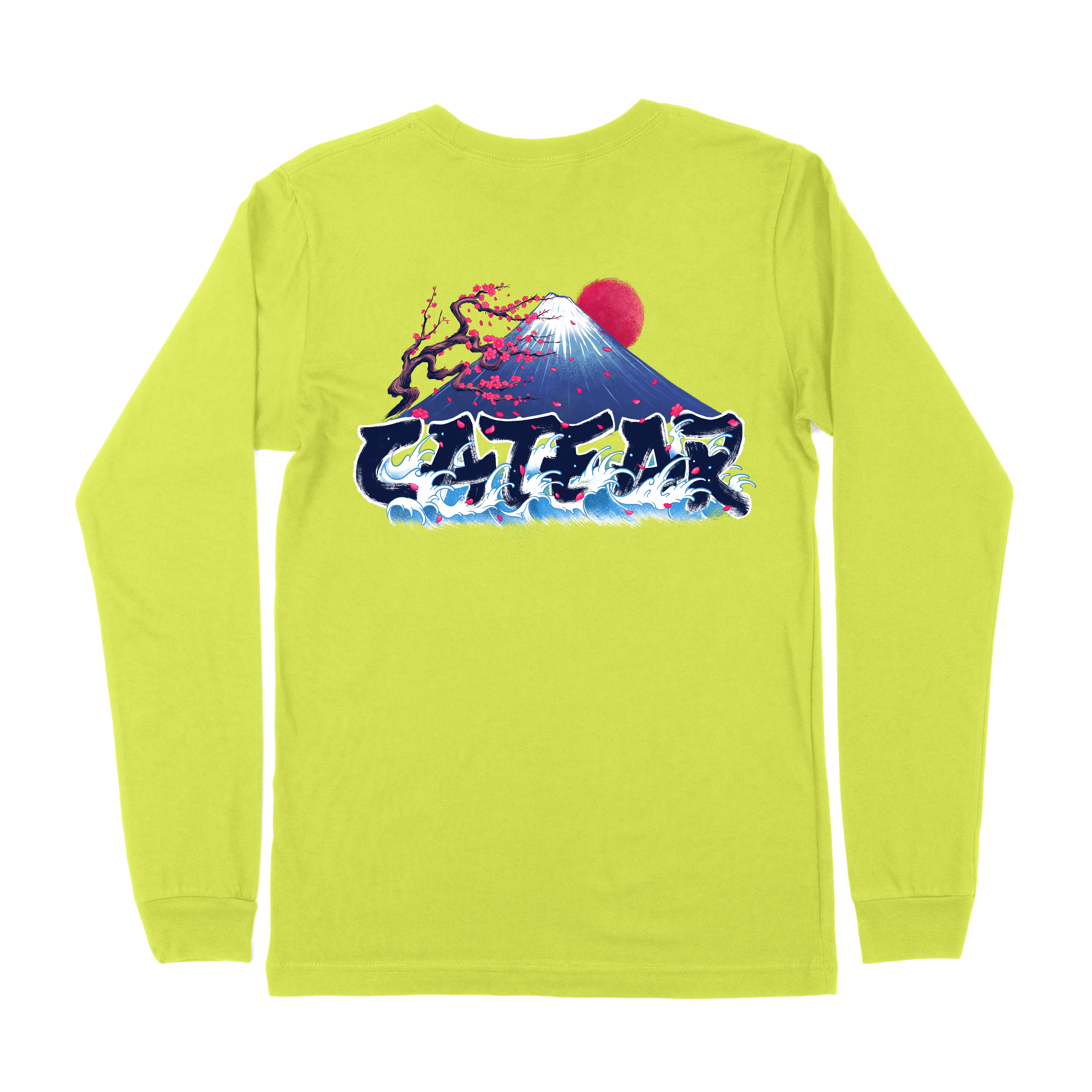 Unisex strobe color tee with sakura tree & mount fuji behind CATEAR brand name screen printed on front left chest and back, woven label on bottom left. Relaxed fit. Back View