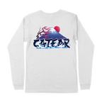 Unisex white color tee with sakura tree & mount fuji behind CATEAR brand name screen printed on front left chest and back, woven label on bottom left. Relaxed fit. Back View