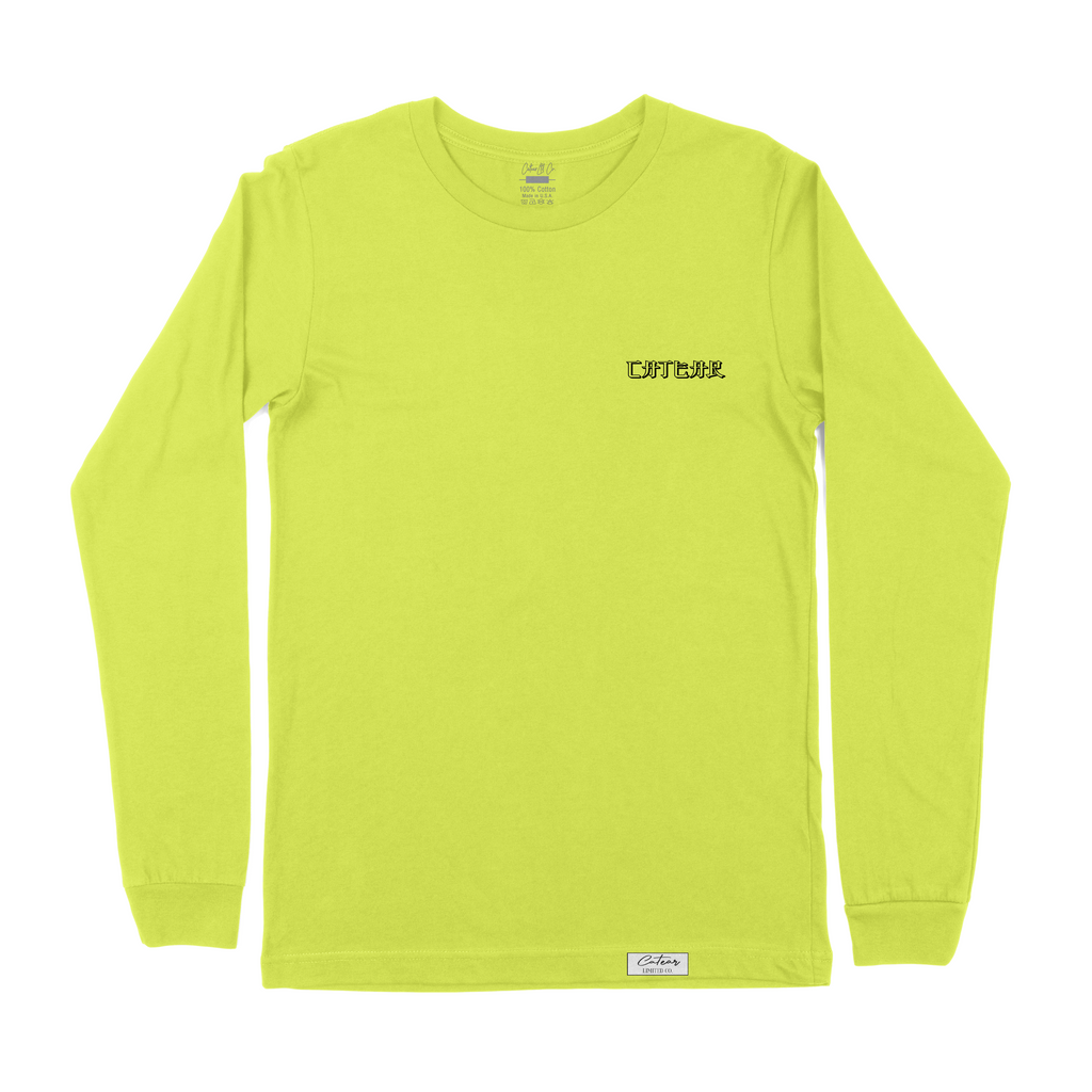 Unisex strobe color tee with sakura tree & mount fuji behind CATEAR brand name screen printed on front left chest and back, woven label on bottom left. Relaxed fit. Front View