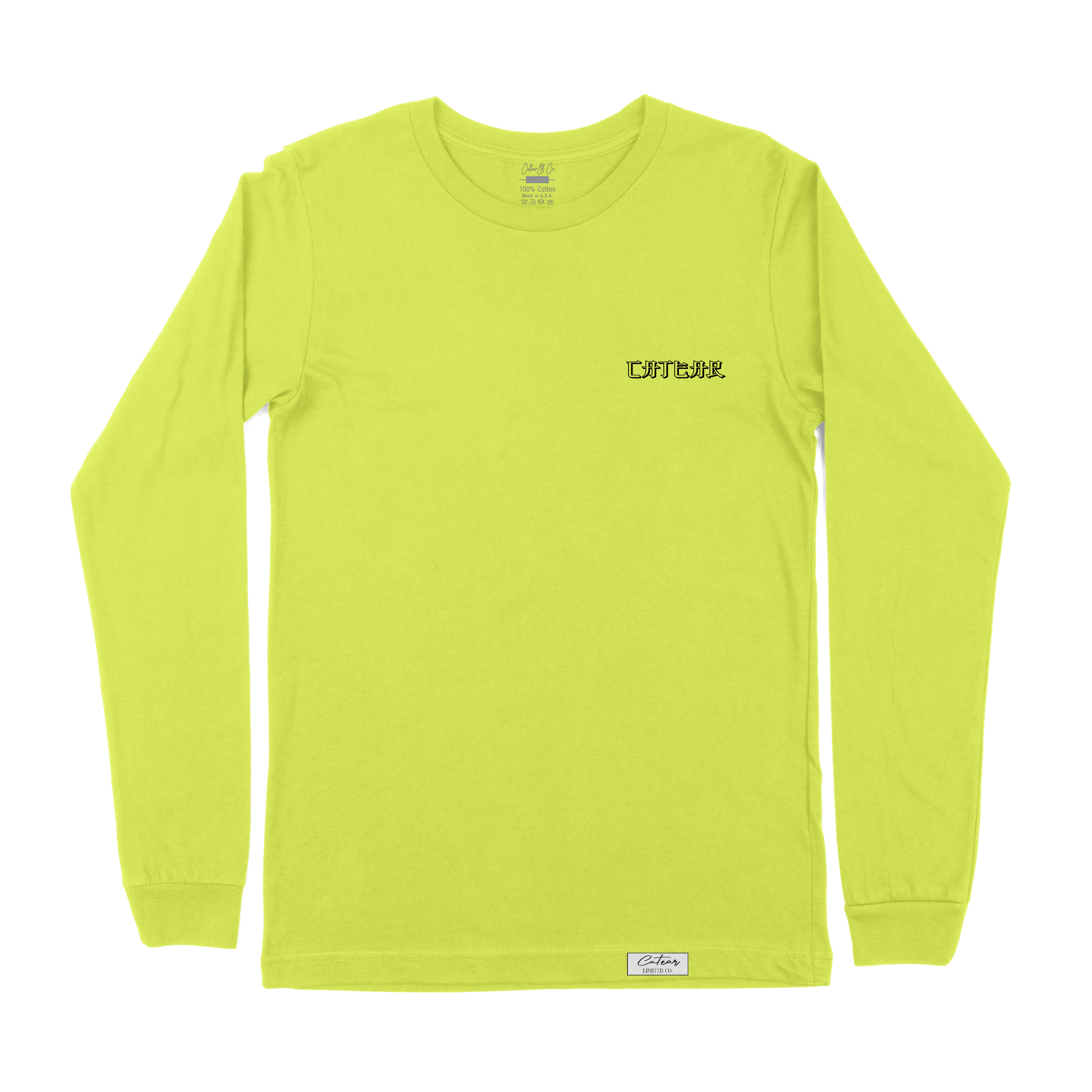 Unisex strobe color tee with sakura tree & mount fuji behind CATEAR brand name screen printed on front left chest and back, woven label on bottom left. Relaxed fit. Front View