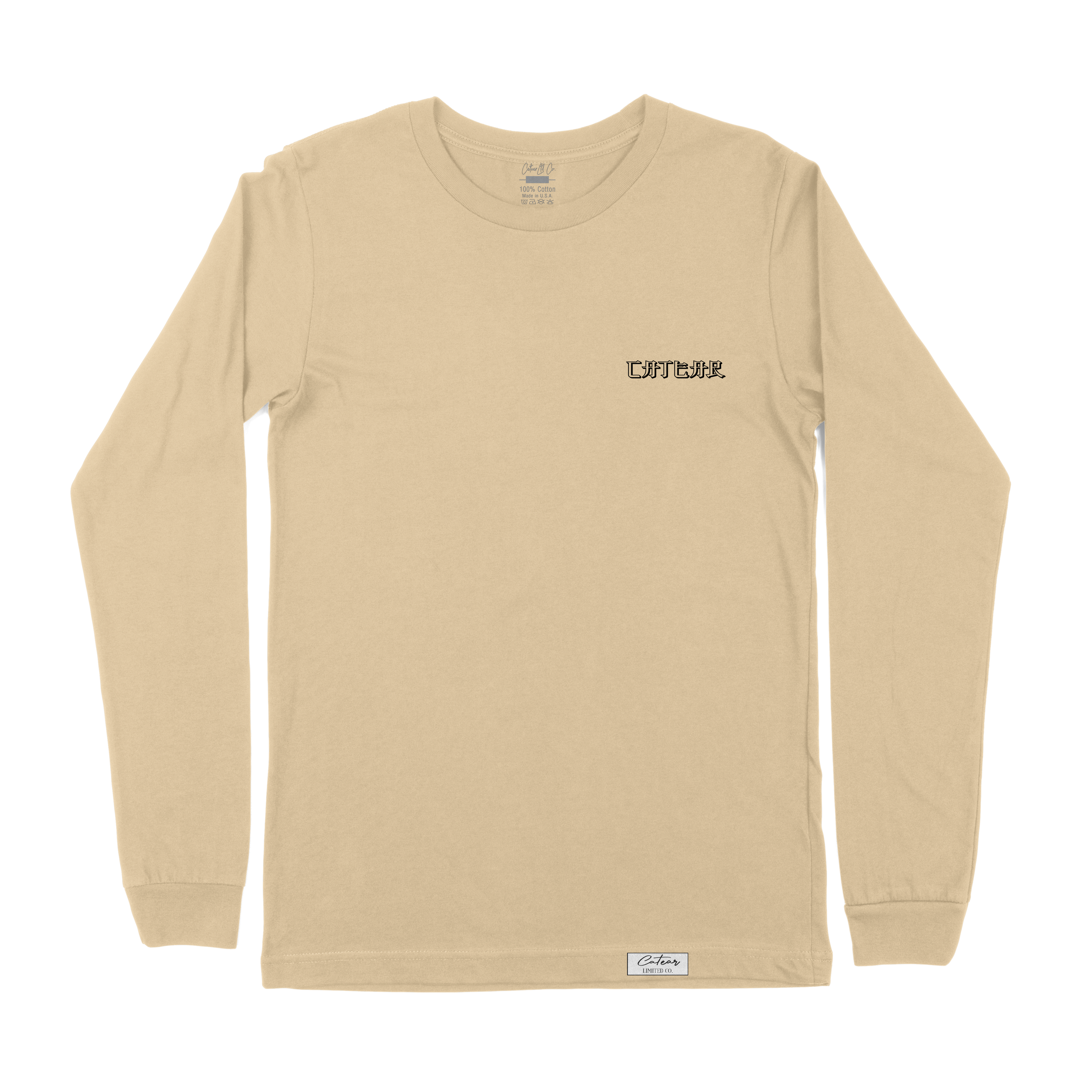 Unisex tan color tee with sakura tree & mount fuji behind CATEAR brand name screen printed on front left chest and back, woven label on bottom left. Relaxed fit. Front View