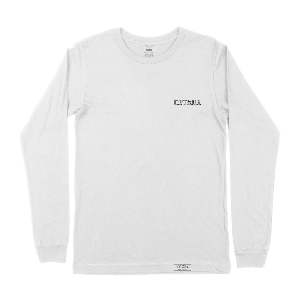 Unisex white color tee with sakura tree & mount fuji behind CATEAR brand name screen printed on front left chest and back, woven label on bottom left. Relaxed fit. Front View