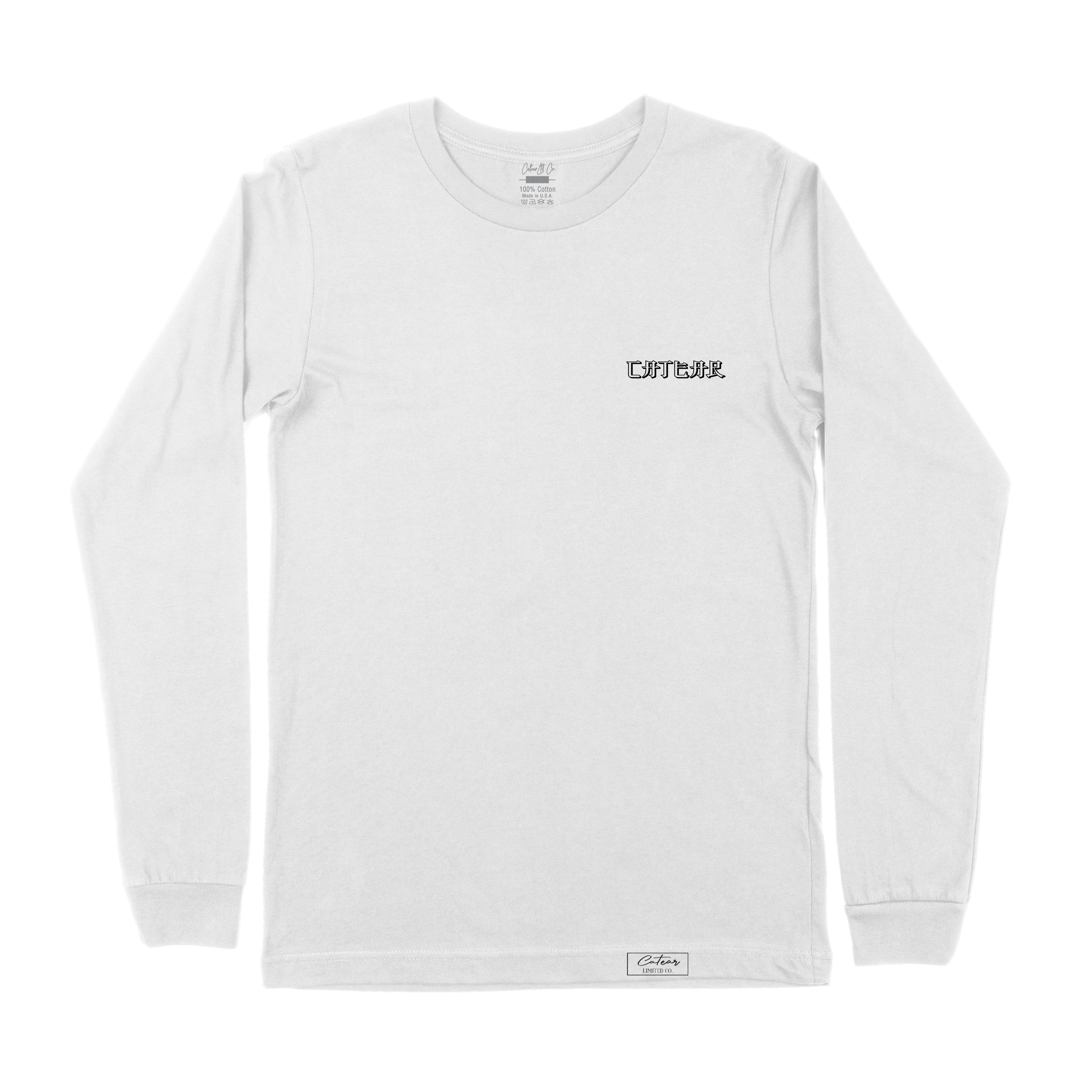 Unisex white color tee with sakura tree & mount fuji behind CATEAR brand name screen printed on front left chest and back, woven label on bottom left. Relaxed fit. Front View